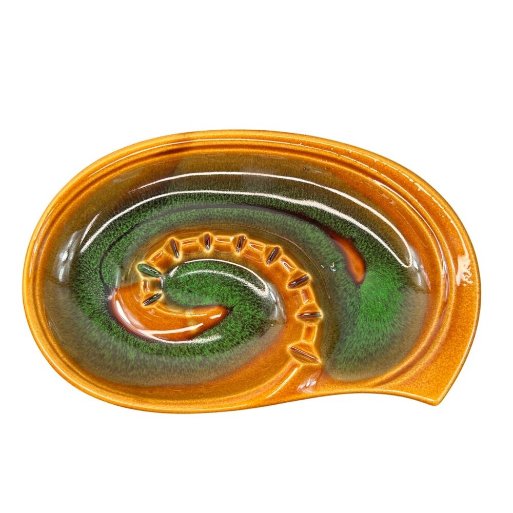 Mid Century Modern Ceramic Ashtray Made in Japan Swirl Design Green Brown